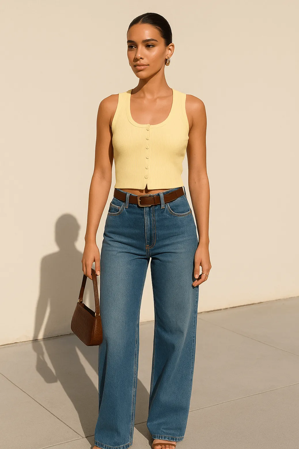 Summer look with yellow tank top and wide-leg denim